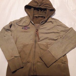 EUC Harley Davidson Womens Distressed Sweatshirt Applique Zip Hoodie Tan  Sz Lrg